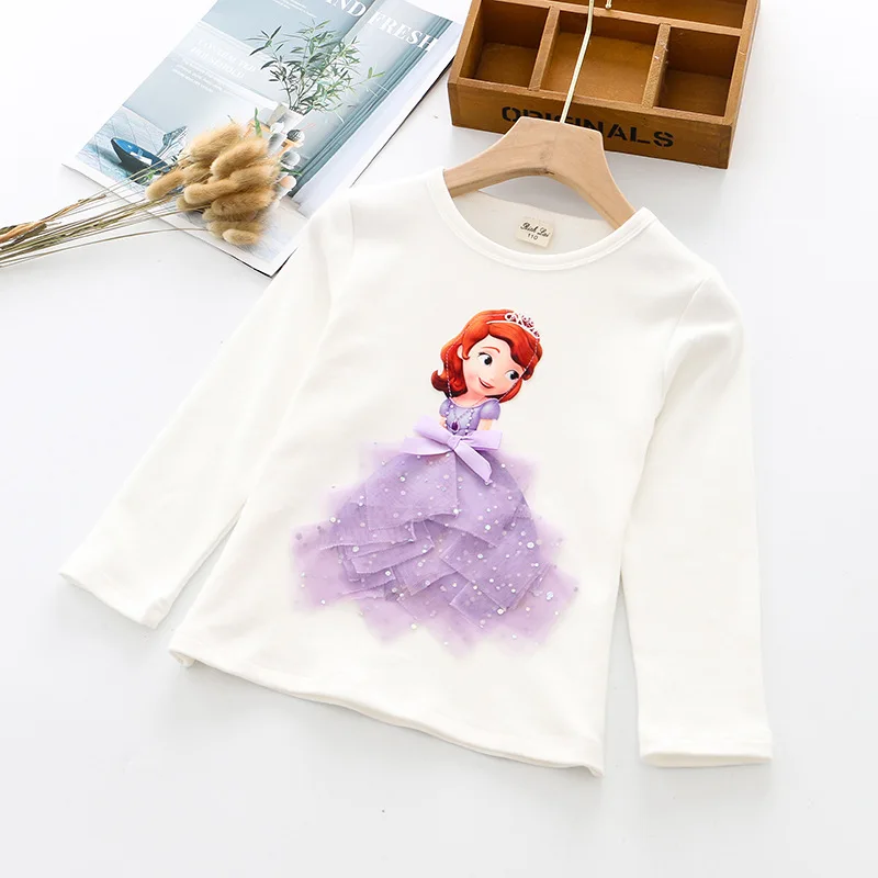 Новая Осенняя футболка принцессы для девочек Детские хлопковые футболки Эльзы Кружевная футболка детская Праздничная футболка с аппликацией в виде 3D Анны