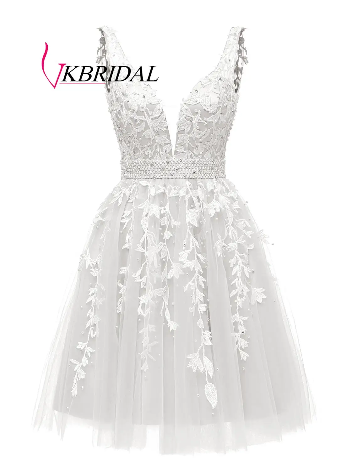 VKBRIDAL, короткие платья для выпускного вечера,, сексуальное, с глубоким v-образным вырезом, тюль, кружево, бисер, жемчуг, кристалл, vestidos de graduacion corto - Цвет: Белый