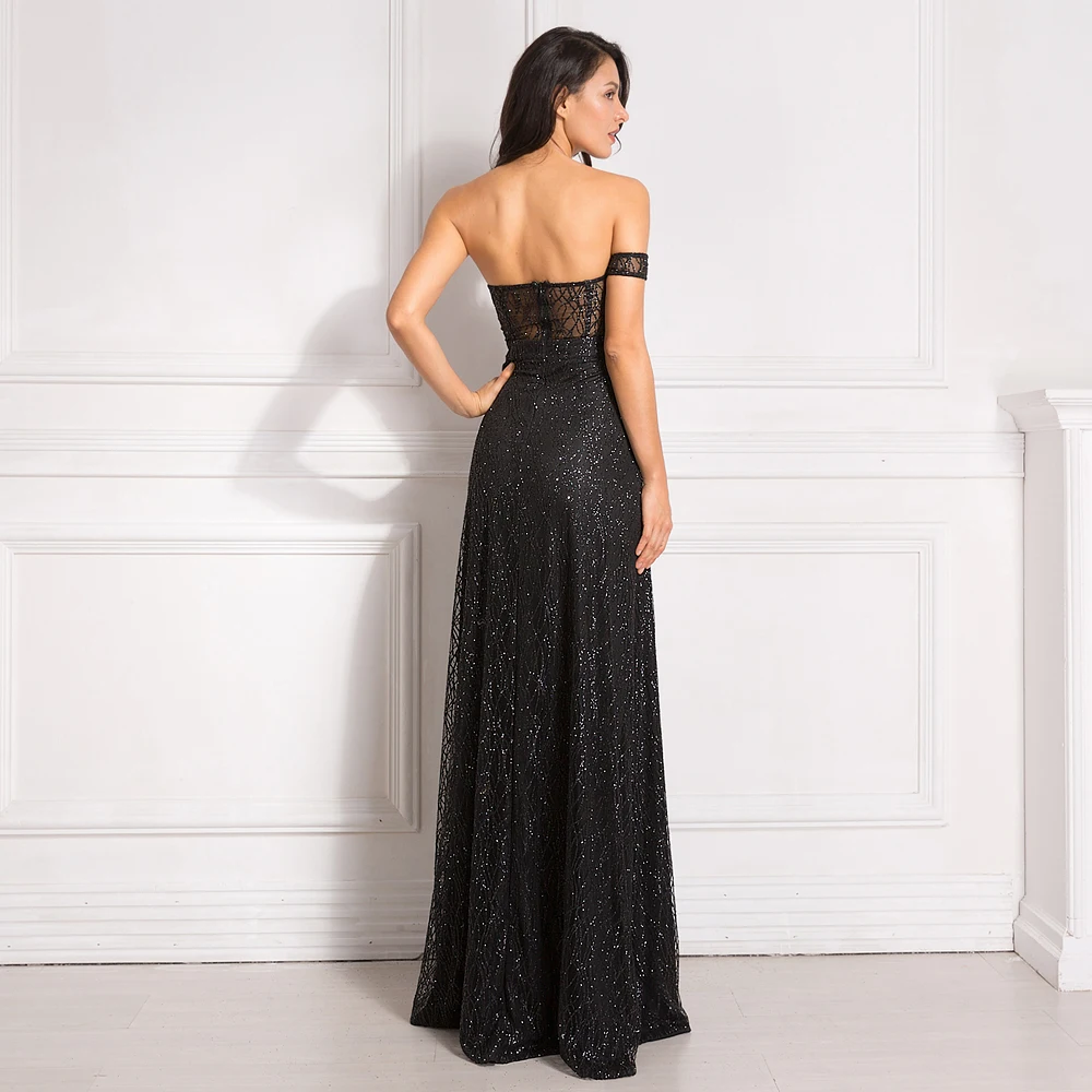 Новое с открытыми плечами Сверкающее шикарное блестящее платье длиной в Пол с разрезом вечерние платье с подкладкой с открытой спиной длинное черное платье