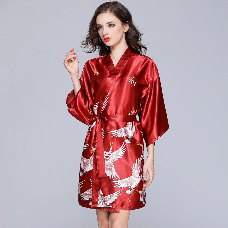Birds Print Sexy Large Size Sexy Satin Night Robe Lace Bathrobe Perfect Wedding Bride Bridesmaid Robes Dressing Gown Hotel Spa