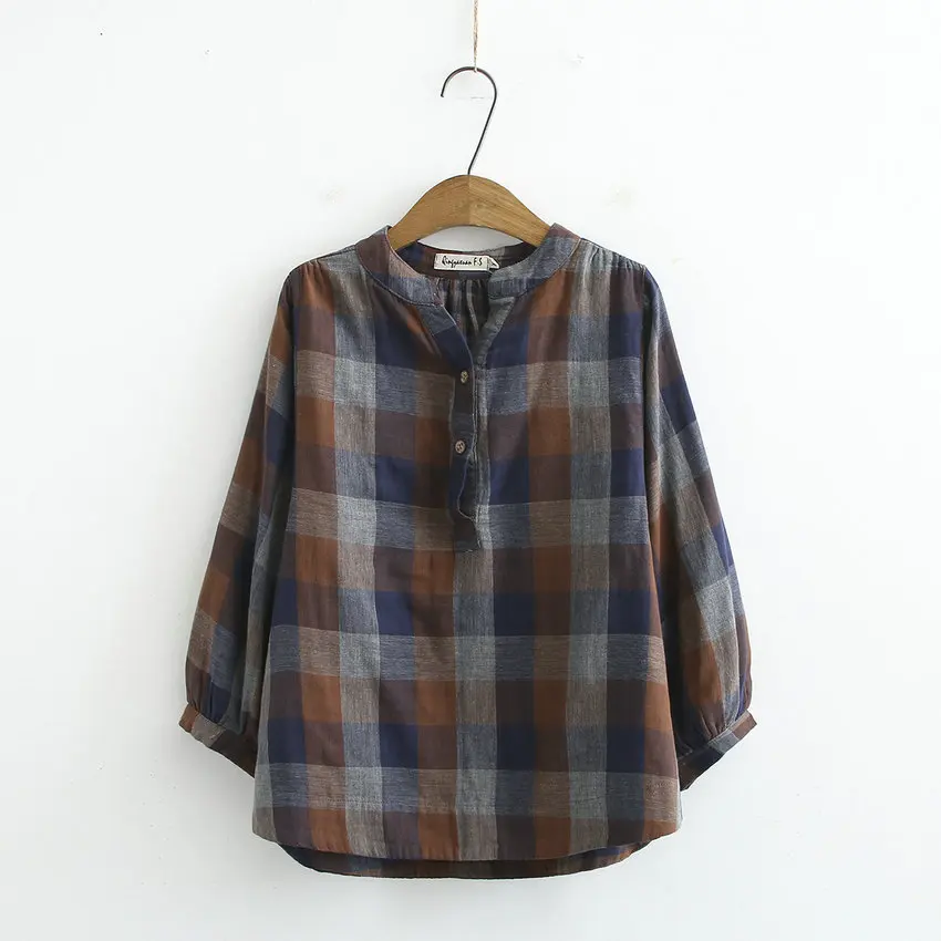 

2020 Spring Women Casual Cotton Blouses Red Yellow Coffee Plaid V-neck Tops Female Three Quarter Batwing Sleeve Shirt Plus Size