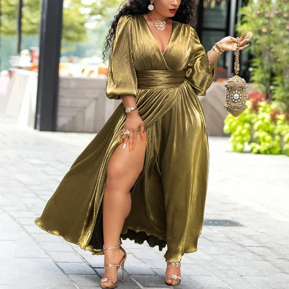 

Luxury Golden Glitter Split V Neck Sexy Party Dress Evening Long Women Tunic Night Lantern Sleeve Pleated Maxi Dresses
