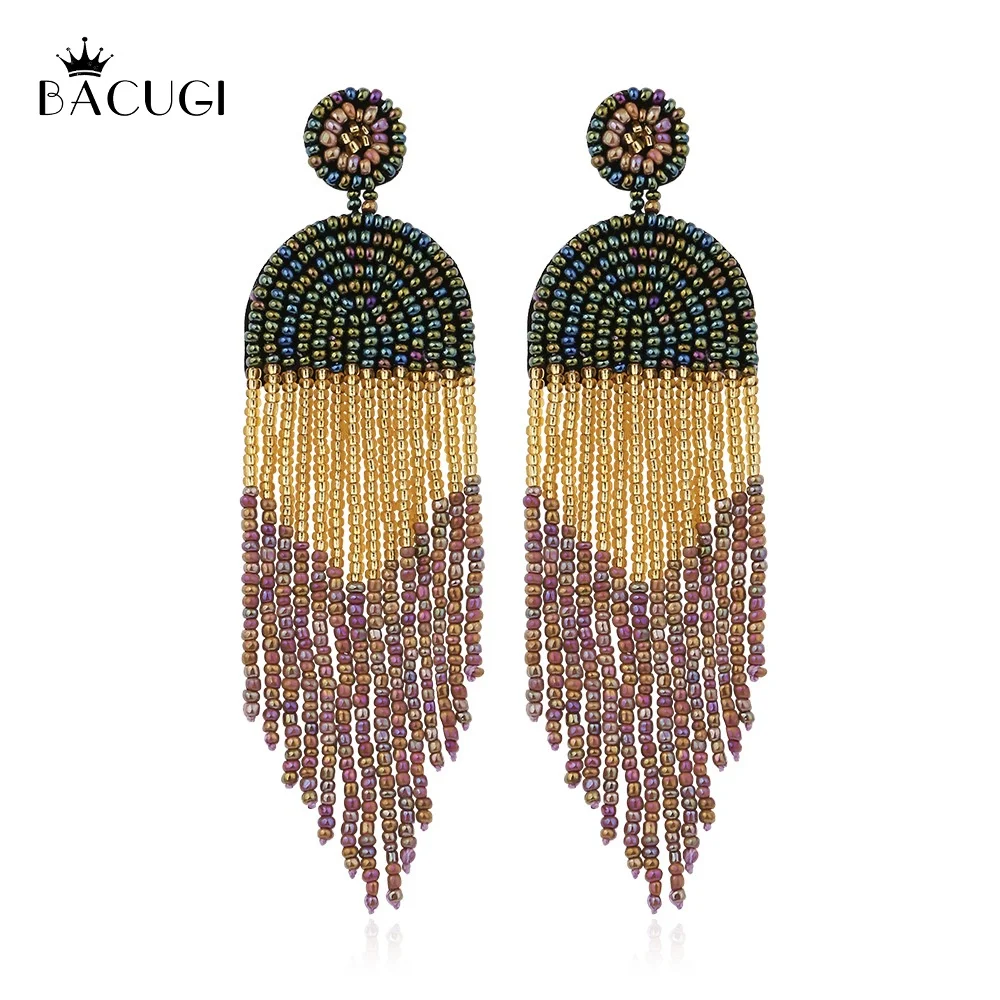 Чешского бисера ручной длинной кисточкой серьги для Для женщин моды с разноцветными бусинами заявление украшение из этнических сережек - Окраска металла: Фиолетовый