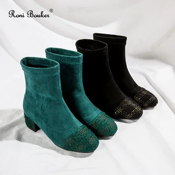 

Roni Bouker Ankle Boots for Women Comfortable Round Toe Square High Heel Shoes Woman Fashion Patchwork Bota Feminina Black Green