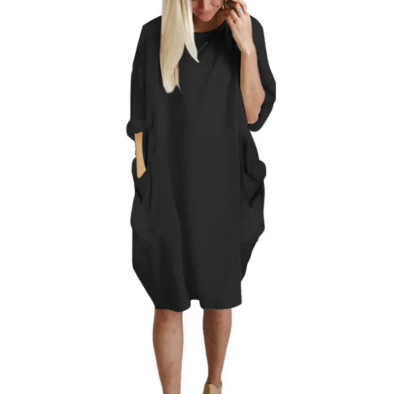 5XL Женская однотонная шапка модное свободное платье с карманами Женская Повседневная Длинная Верхняя одежда с вырезом лодочкой Большие размеры