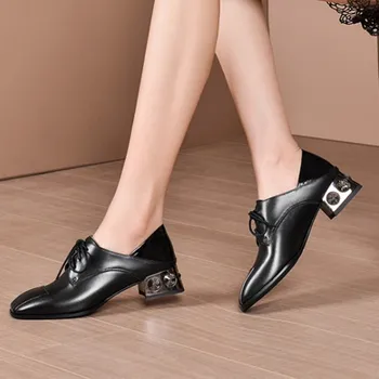 

Female Genuine Leather Retro Party Shoes Woman Spring Autumn lace up Shallow Shoes Women New Square Toe med Heels Pumps
