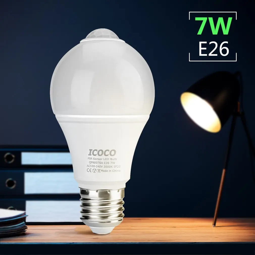 ICOCO 6pcs PIR Motion Sensor LED Bulb Lights Bulb E26 7W 3000K for Front Door Garage Carport Basement Corridor Hallway Closet