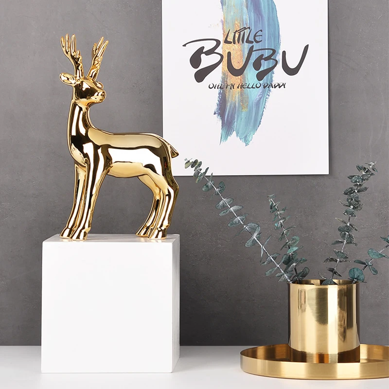 Figurine di cervo dorato in ceramica OlivesH per interni statue di