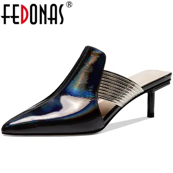 

FEDONAS Slingbacks Genuine Leather Mules Single Elegant Thin Heels Pumps Wedding Night Club 2020 Summer Pointed Toe Shoes Woman