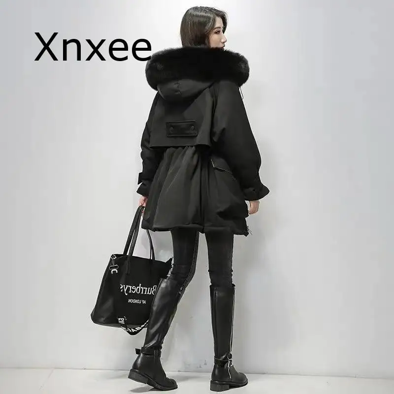 Xnxee большой Лисий мех с капюшоном зимняя куртка для женщин толстые парки теплый пояс завязывать зимнее пальто