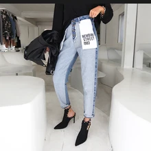 Letter Pocket High Waist Boyfriend Jeans For Women Button Fly Jeans Woman Mom Anti-Wear Patchwork Loose Straight Denim Jeans