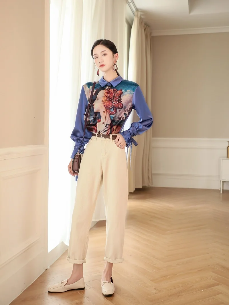 Атласная Блузка Ренессанса, женская синяя блузка с длинным рукавом и принтом масляной живописи, рубашка с воротником, женская блузка с рукавом-фонариком Y670