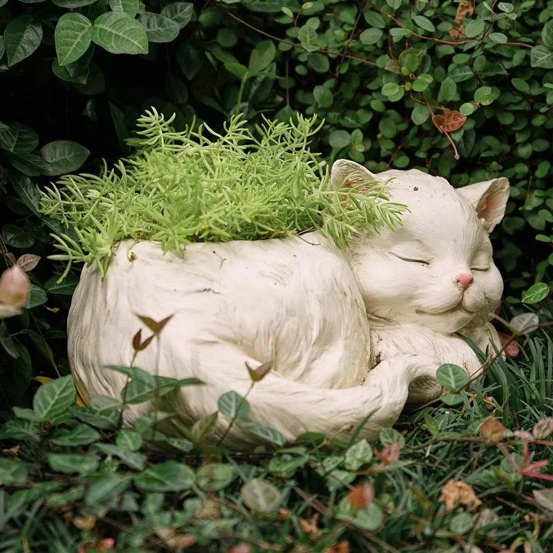 European Style Simulation White Cat Resin Home Balcony Courtyard Planting Succulents Flower Pot Decoration X3186