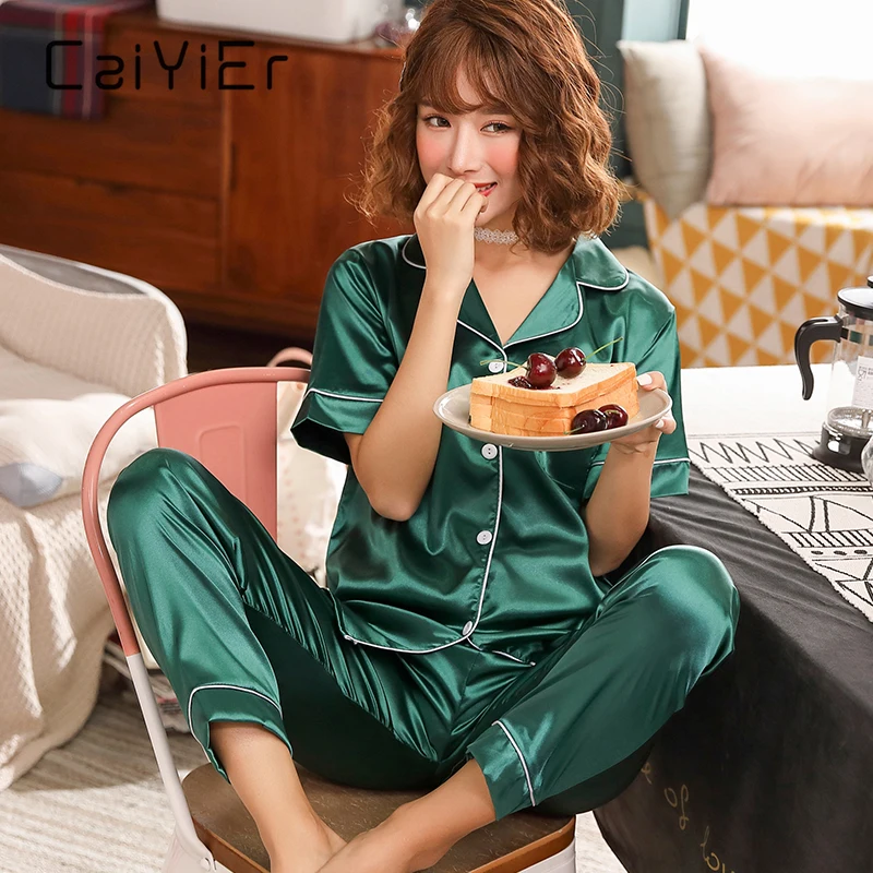 CAIYIER Summer 2Pieces Women Sleepwear Silk Satin Short Sleeve Pajamas Set Turn-down Collar Sexy Home Clothes Plus Size M-5XL