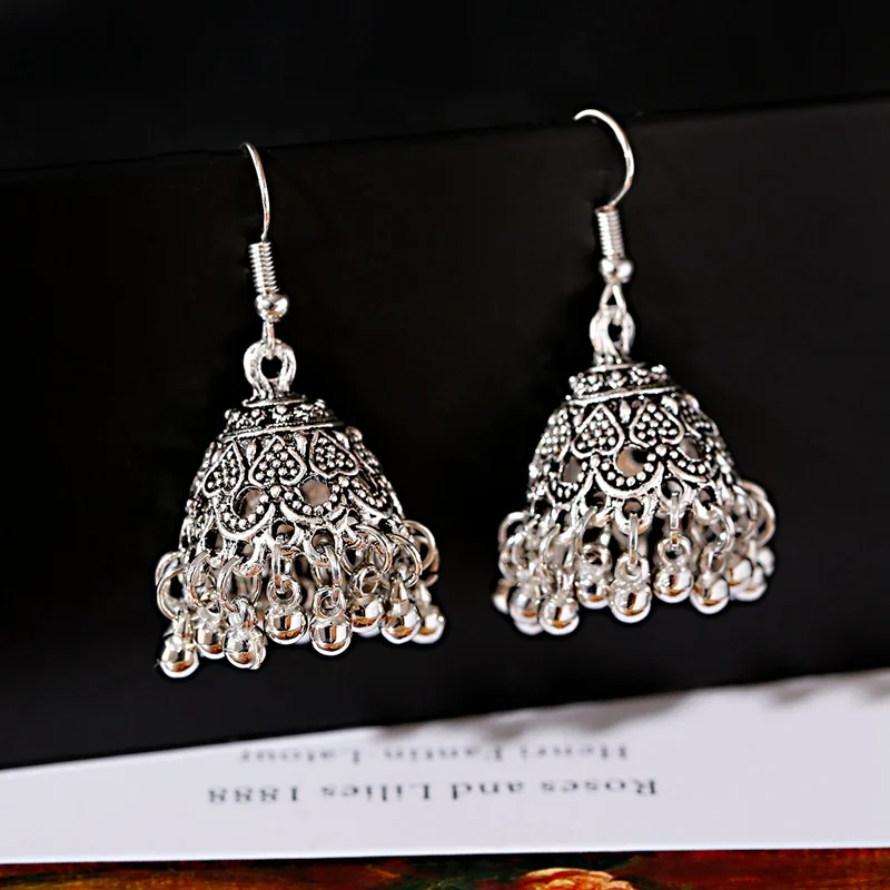 TopHanqi, серебряный цвет, античный этнический индийский Jhumka Jhumki, женские серьги, богемные серьги-капли для женщин, цыганские украшения