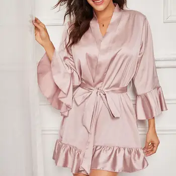 

Hot Sales Women Sexy Silk Kimono Dressing Gown Babydoll Lace Lingerie Bath Robe Nightwear bathrobe Nightdres Sleepwea Femme