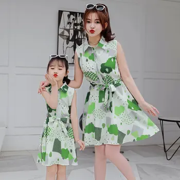 

New Summer Mother Daughter Chiffon Blouse Dresses with Belt Fashion Style Mommy and Me Clothes Printed Matching Family Outfits