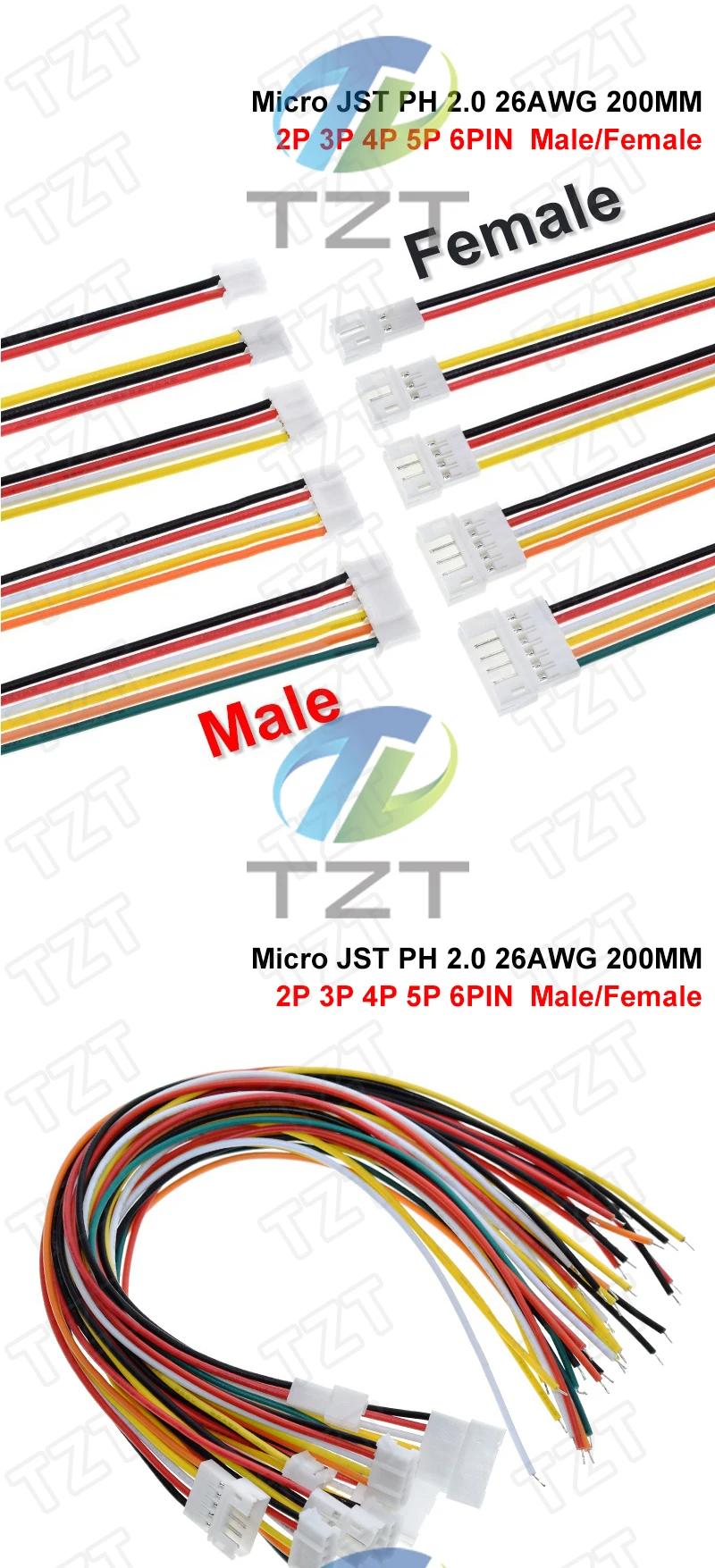 10 Stück 5 Paar Micro JST PH 2.0 2P 3P 4P 5P 6PIN Stecker-Buchse-Verbinder mit Kabeln 20CM+20CM für Arduino MP3 – Detail 1