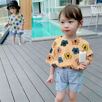 

Girls T-shirt drop shoulder sleeve flower bottoming shirt top 2020 summer new children's clothing 3-8 years old