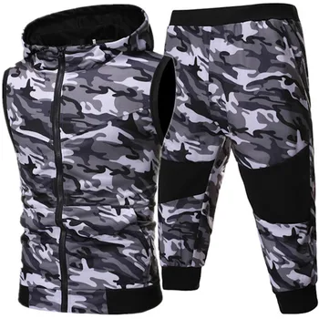 

2020 Summer Fashion New Men's Casual Boutique Sleeveless Camouflage Vest Jacket + Stretch Waist Shorts Suit Set