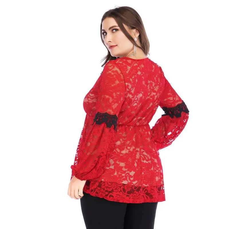 4XL 5XL 2020 Весна рукав фонарик размера плюс кружевная рубашка для женщин v образный