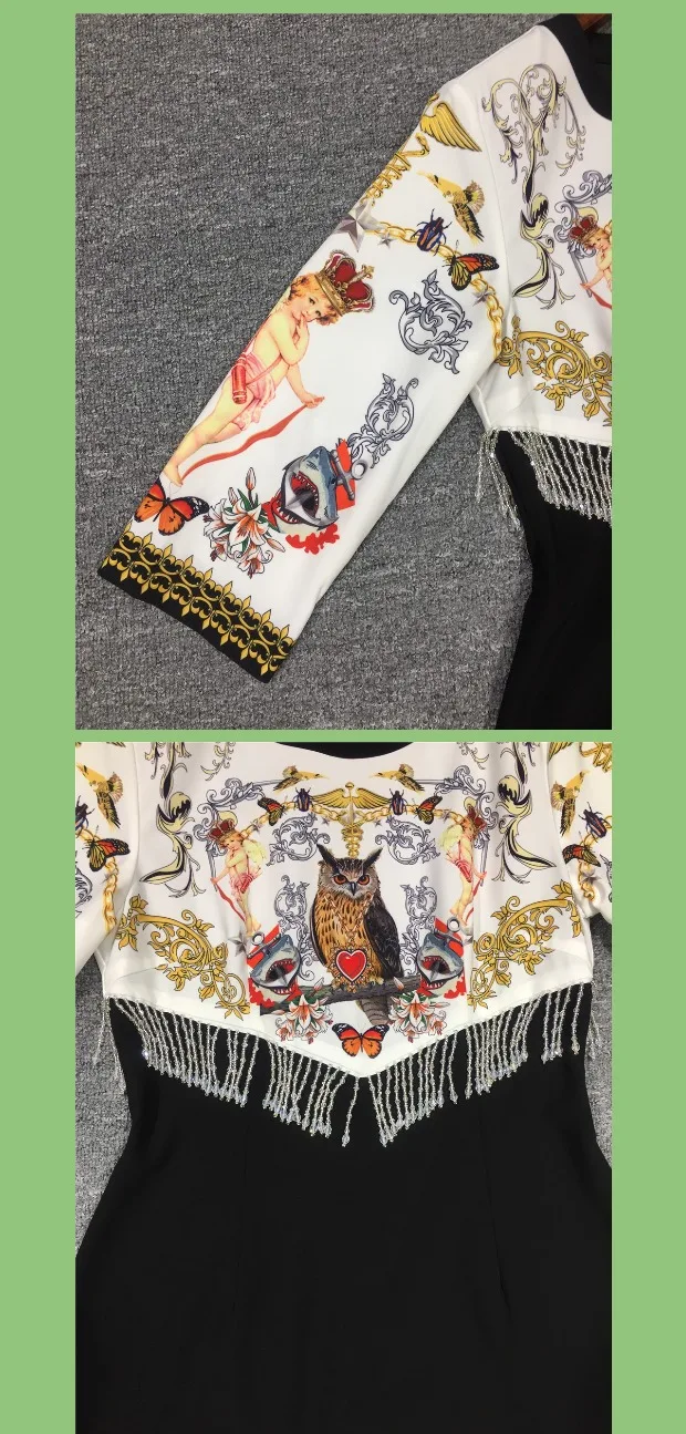 Модное новое осеннее платье moda feminina vestido de festa, рукав семь четвертей, шарф с принтом, украшенное бисером, кисточками, Черное мини-платье