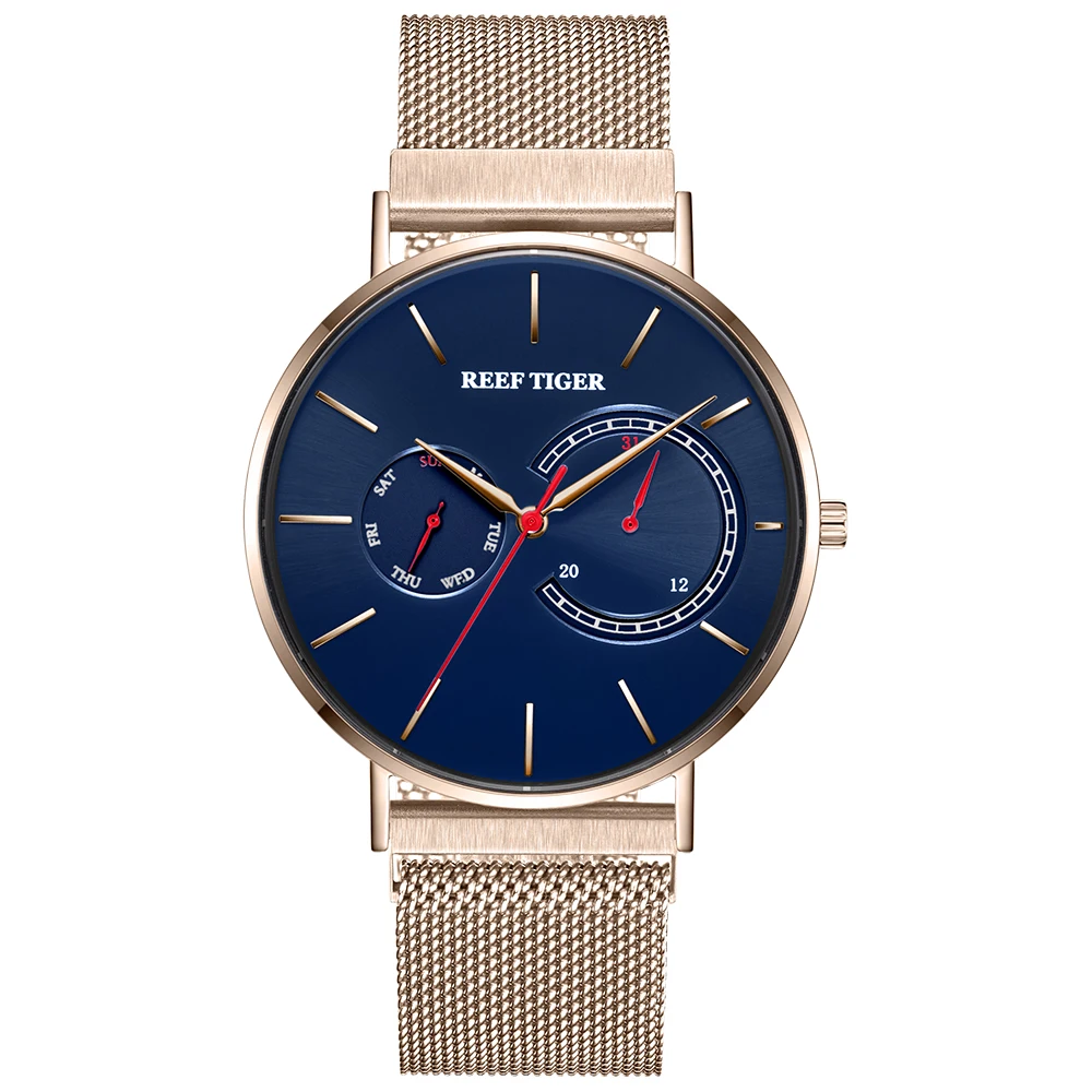 

New Reef Tiger / RT Luxury Top Brand Mens Watches Blue Dial Rose Gold Men Quartz Watch Men's Steel Watch RGA1664