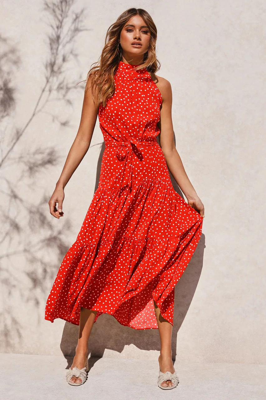 Summer Long Dress Polka Dot Casual Dresses Black Sexy Halter Strapless New 2021 Yellow Sundress Vacation Clothes For Women