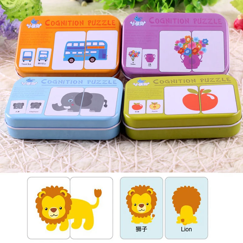

KinderPuzzle Spielzeug Kleinkind Eisen Box Karten Passende Spiel Kognitiven Karte Vehicl Obst Tier Leben Set