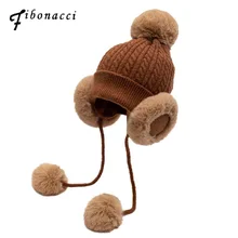 Fibonacci, новинка, вязаные меховые мягкие теплые шапочки, милые плюшевые шапочки с ушками, шапочки для женщин, шапка для взрослых