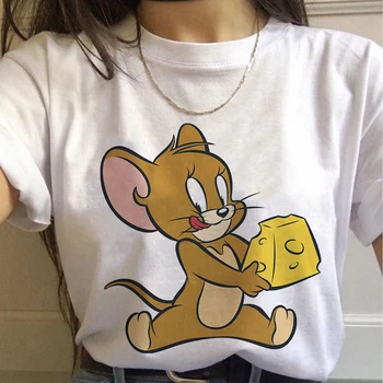 

Jerry Mouse Cat Tom Print Cartoon Casual Summer Top Fun Prank Female Harajuku Loose Letters Large Tee Cute Ulzzang Retro T-shirt