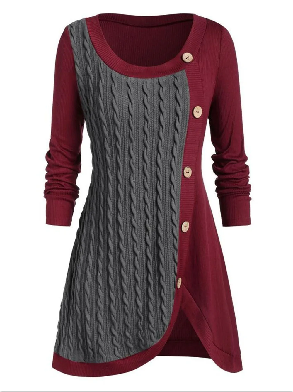 

Women Sweater Irregular Patchwork Button Design Long Sleeve Knitted Jumper Casual Plus Size Clothing