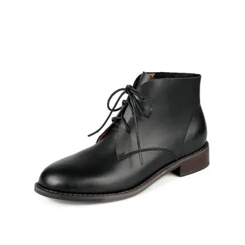 

100% cow leather low heels Heels ladies ankle boots Women's Boots lace up Round Toe Autumn Winter Party Casual Basic Shoes Woman