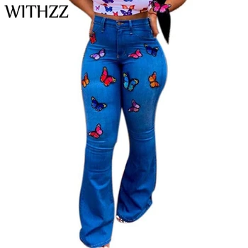 

WITHZZ Spring Autumn Sexy Woman's Butterfly Embroidery Stretch Flared Pants Wide-leg Pants High Waist Jeans