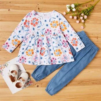 

2-piece Toddler Floral Long-sleeve Top and Solid Pants Set