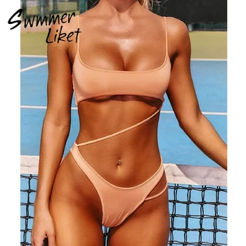 

Pink thong women swimwear 2020 Brazilian micro one piece swimsuit fused female monokini High cut sexy solid bathing suit biquini
