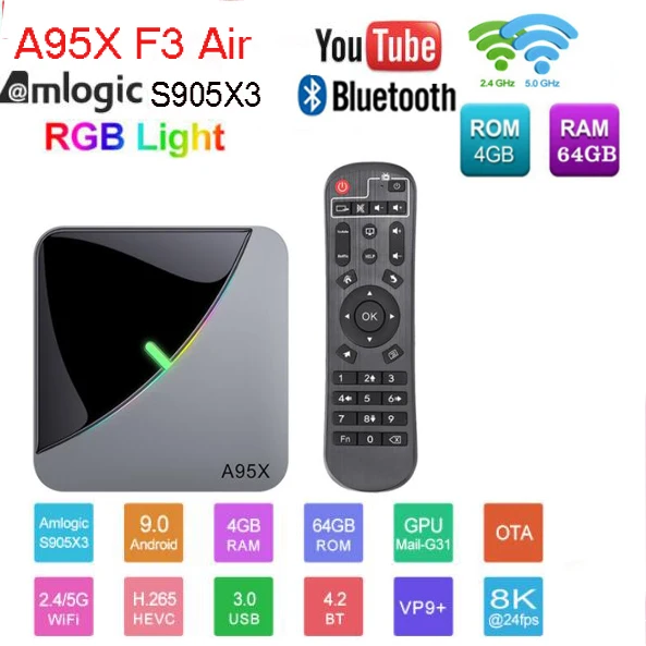 Android 9,0 RGB светильник Smart tv Box Amlogic S905X3 USB3.0 1080P H.265 4K 60fps Wifi Google Play Netflix Youtube A95X F3 Air 8K - Цвет: 4G 64G