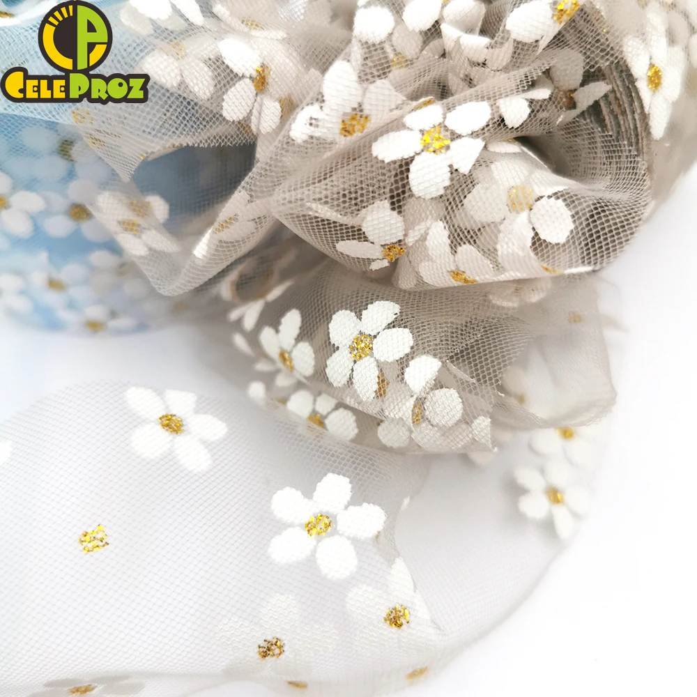 Ribbon Supplies 6cm 25Yards Floret Tulle Daisy Ribbon Roll DIY Handmade Craft Hair Ornament Baking Cherry Blossoms Printed Mesh Fabric Supplies