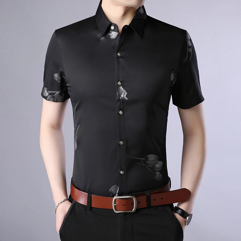 

men lapel Short-sleeved shirt men's clothing Summer printed flowers Slim shirts