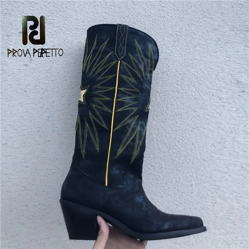 Prova Perfetto/замшевые сапоги на низком каблуке; зимние сапоги до середины икры на толстом каблуке; Chaussures Femmes Automne Hiver; теплые сапоги с острым носком