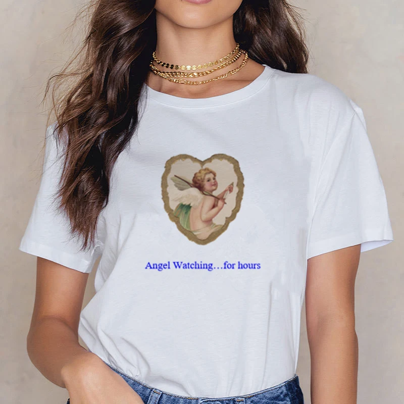 Angel 90s модная женская футболка с принтом Kawaii, футболка с коротким рукавом и круглым вырезом, винтажная Vogue Ullzang, Футболка Harajuku, женские футболки - Цвет: white