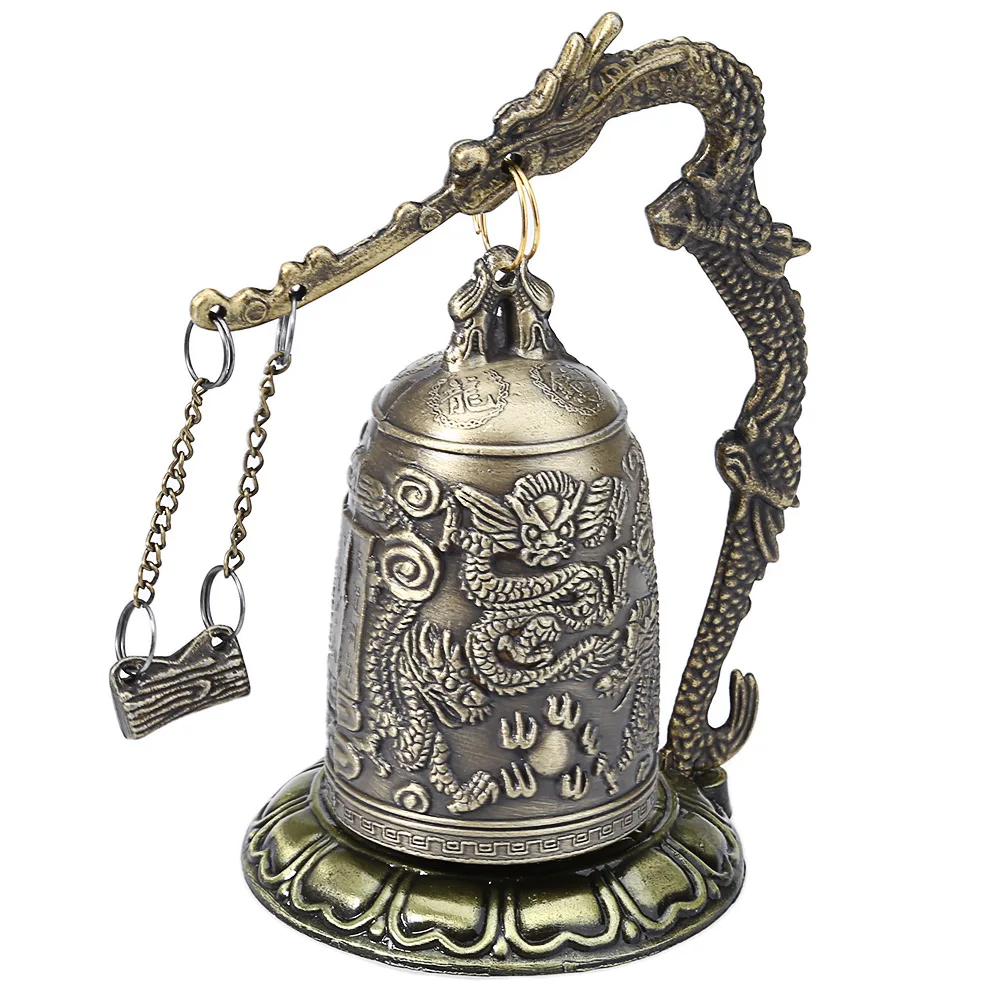 

Antique Home Decoration Zinc Alloy Vintage Style Bronze Lock Dragon Carved Buddhist Bell Chinese Geomantic Artware Exquisite