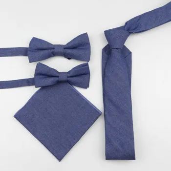 

Cotton Denim Family Neck Tie Set Slim Necktie Handkerchief Bowtie Set Papillon Cravat Butterfly Corbatas 4pcs Parent-child Suit