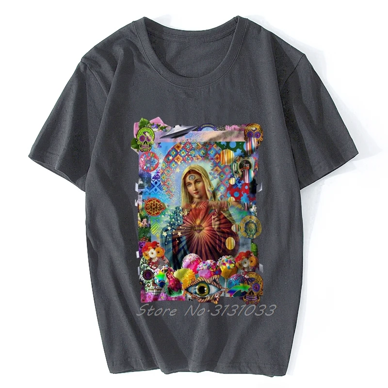 Virgin Mary Shrine DMT Trippy LSD Psychedelic Woke Spiritual Mexican Art T Shirt Men O-neck Short Sleeve Tshirt Cotton Tees