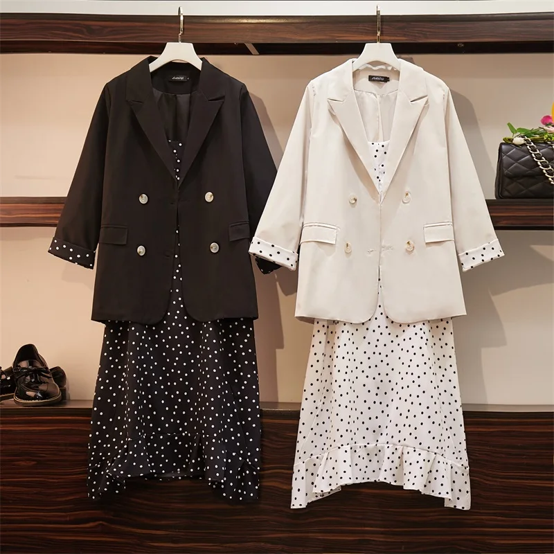 

New Spring Autumn Plus Size Dress Suits Women Loose Dots Ruffles Sling Dress Double Bressted Blazer Coat Solid jacket dress M794