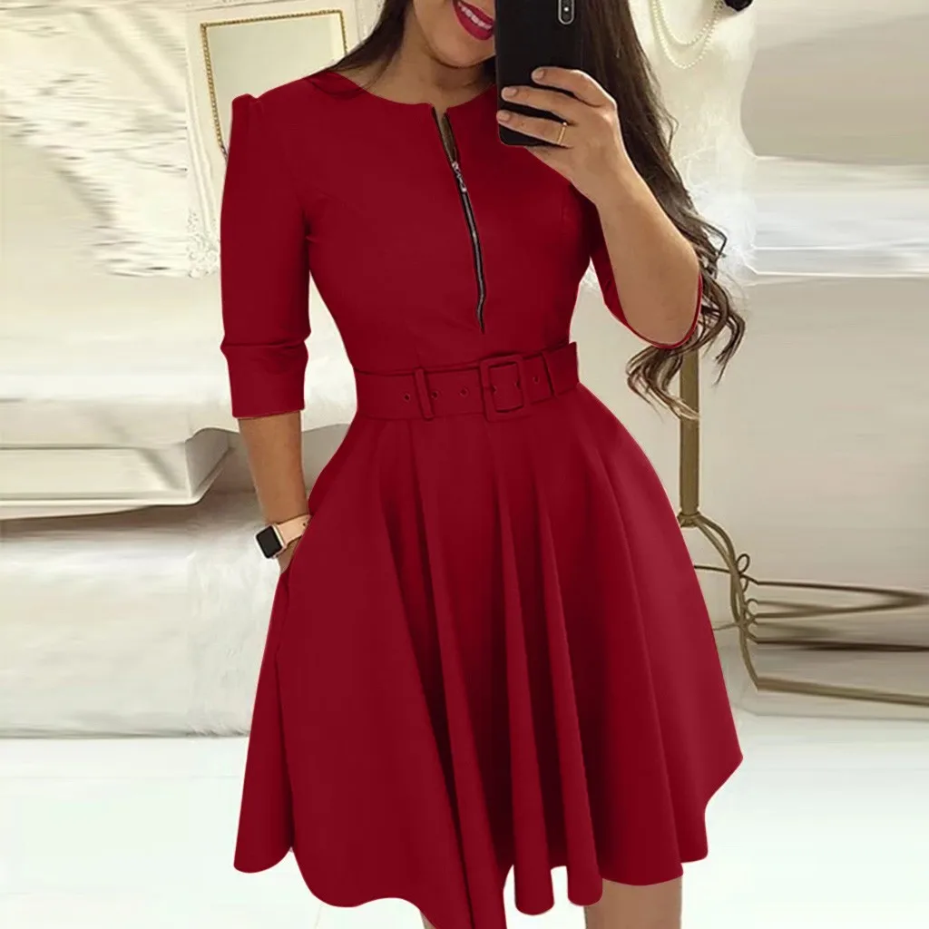 Модное женское платье миди с круглым вырезом, однотонное летнее осеннее платье, Повседневное платье трапециевидной формы с рукавом три четверти, вечернее платье vestidos - Цвет: Red
