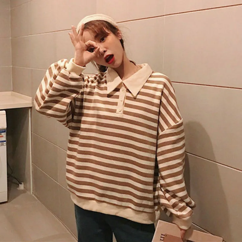 Autumn Thin Wild Loose Lazy Wind Color Stripes Polo Collar Clothes for Girl Women Home Shopping Party Casual Clothes Shirts New