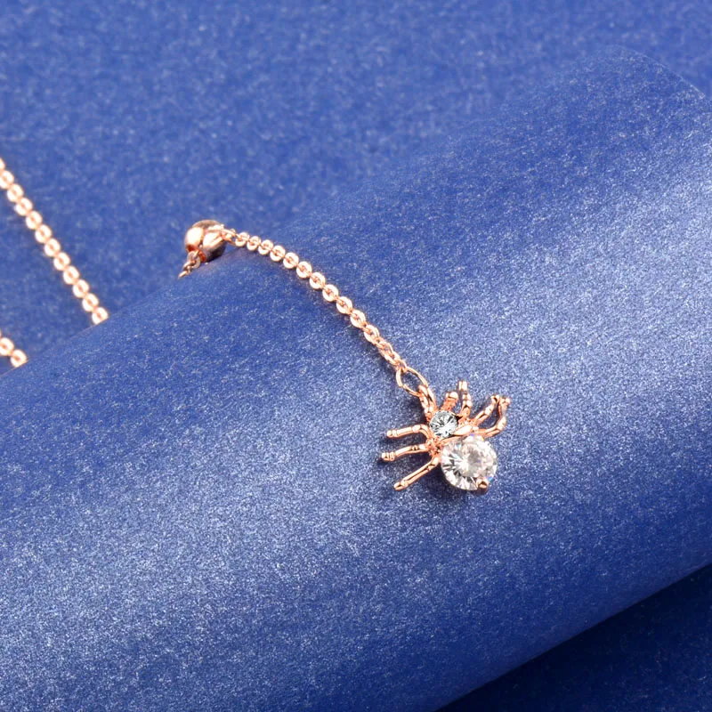 SINLEERY Cute Spider Pendant Necklace Rose Gold Color Chian Round Clear Cubic Zirconia Choker Necklace Women Jewelry XL045 SSC