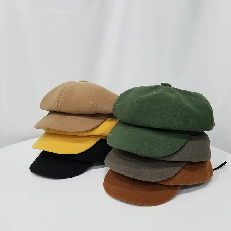 

New Style Korean-style Versatile Beret Children Autumn & Winter Brim Hat Fashion Pumpkin Wool Octagonal bei lei mao England
