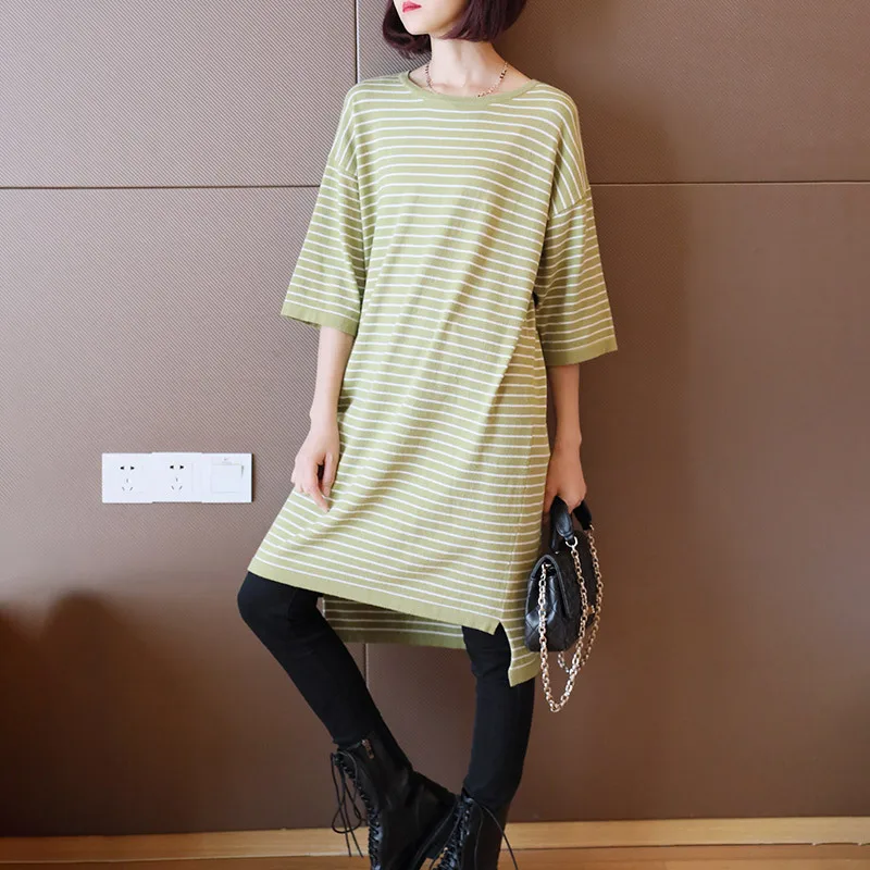 

Fall Clothes for Women 2020 Fashion Three Quarter Loose Midi Print Striped Yellow Purple Streetwear Casual Knitted Dress Elegant